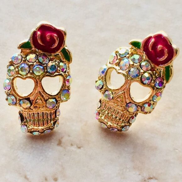 Dia De Los Muertos Sugar Skull Rose Crystal Earrings NWT - Picture 3 of 8
